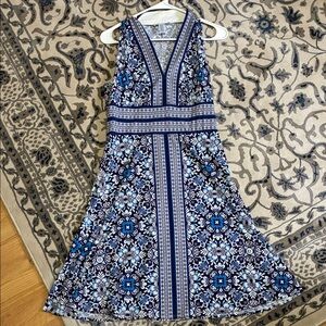 Blue Floral V-Neck Sleeveless Midi Dress